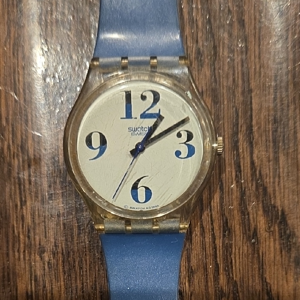 Vintage Swatch Blue Strap Watch with Gold Accents